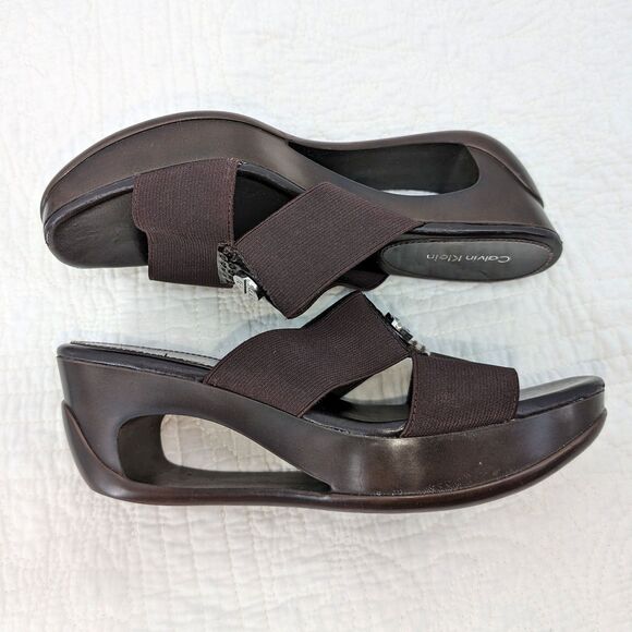 Vintage 1990s y2k Calvin Klein Leather Sandals Brown Logo Wedge Size 7 - Picture 2 of 12